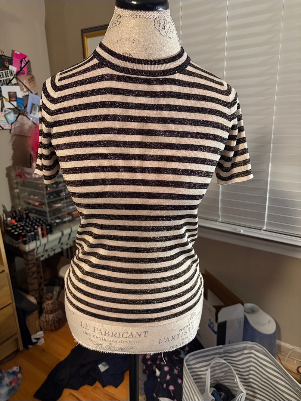 Sandro Paris Striped Short Sleeve Knit Top - Black & Cream - Small